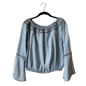 Walter Baker Off Shoulder Top Women's Size L Blue Lyocell Cutouts Bell Sleeve